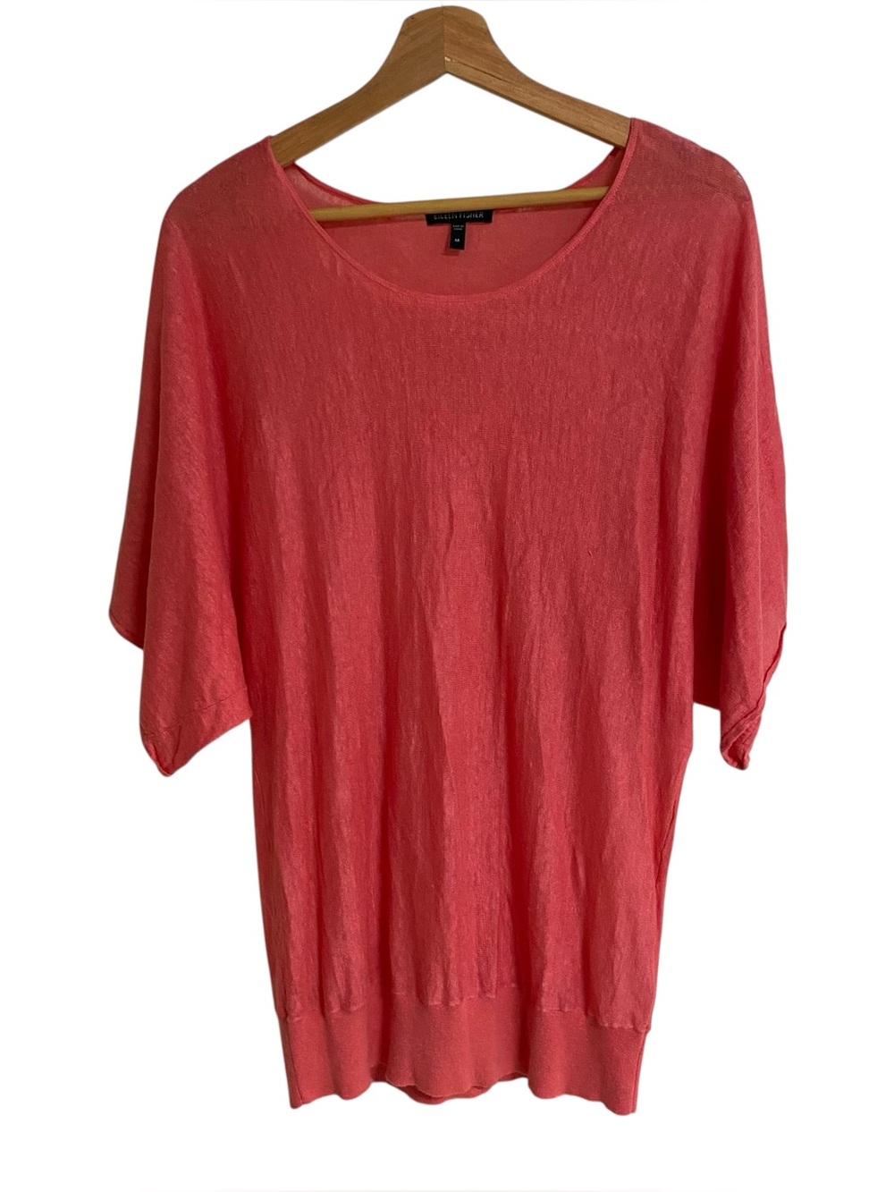 Eileen Fisher salmon pink superfine linen knit sweater top drop dolman sleeve M